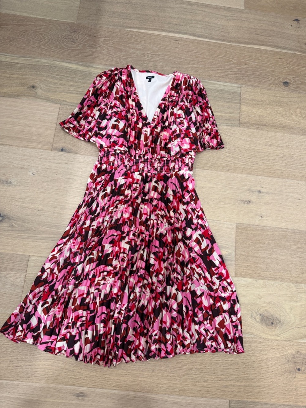 Express Pink Multi Abstract V-Neck Midi Dress